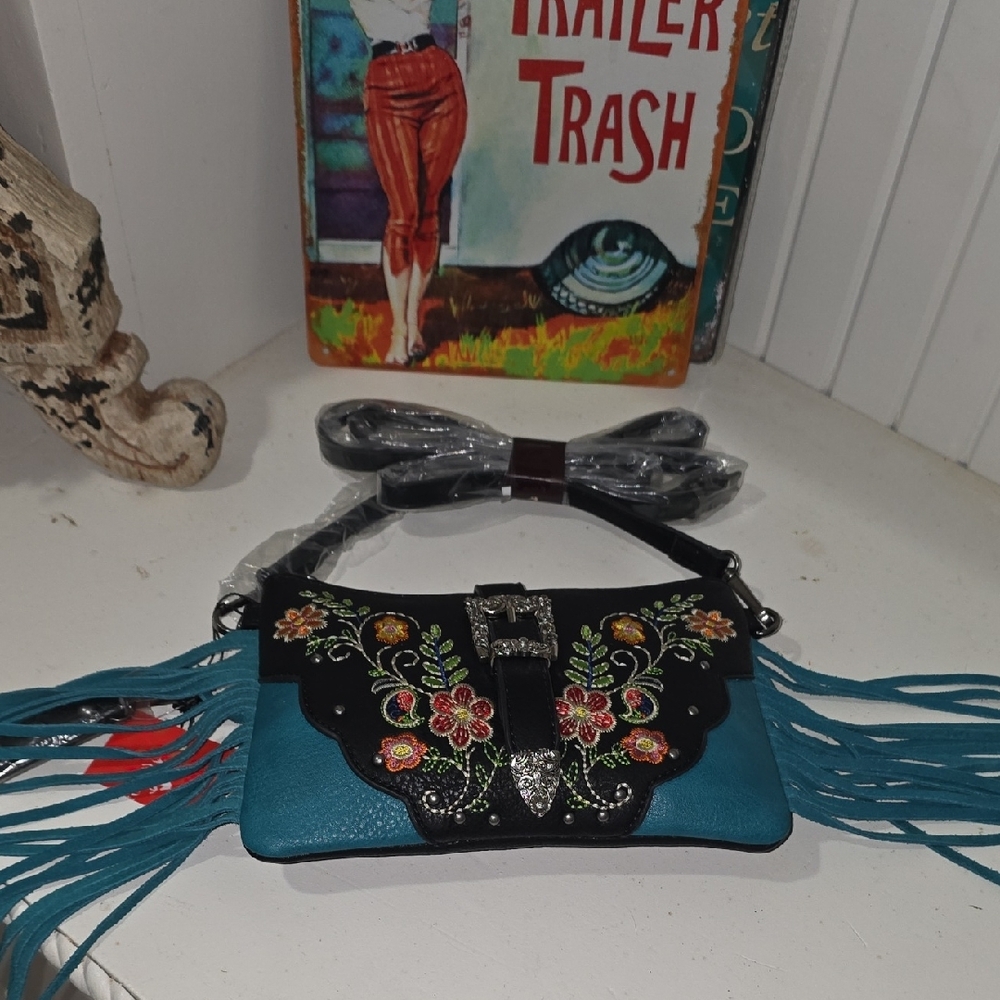 Montana West Floral Embroidered Fringe Clutch - Black and Teal